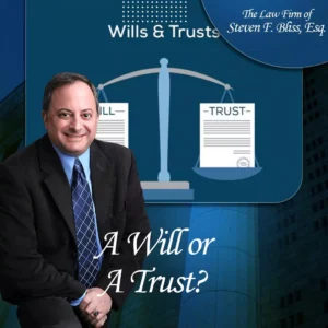 Steve Bliss with a will and a trust documents on a justice scale.